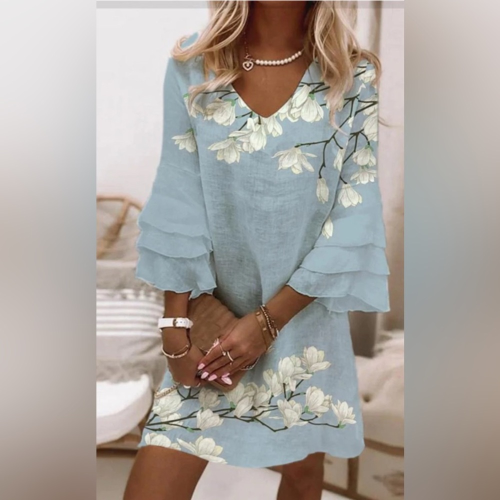 Papaya Light Blue Floral Long Sleeve Dress